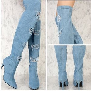 🔥SEXY OVER THE KNEE SHREDDED DENIM HEELED BOOTS🔥